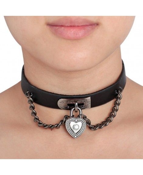 Heart Lock Alloy Leather Choker Necklace, Alloy / Black