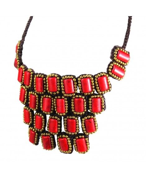 Mosaic Droplets Reconstructed Red Coral Statement Brass Necklace: Jewelry
