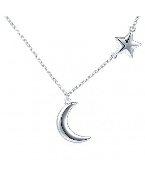 S925 Sterling Silver Crescent Moon and Star Jewelry Pendant Necklace ...